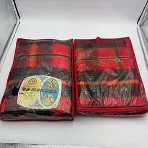 2 NOS Vintage Beacon Campbell Stadium Acrylic Blanket Picnic Camping Red Plaid